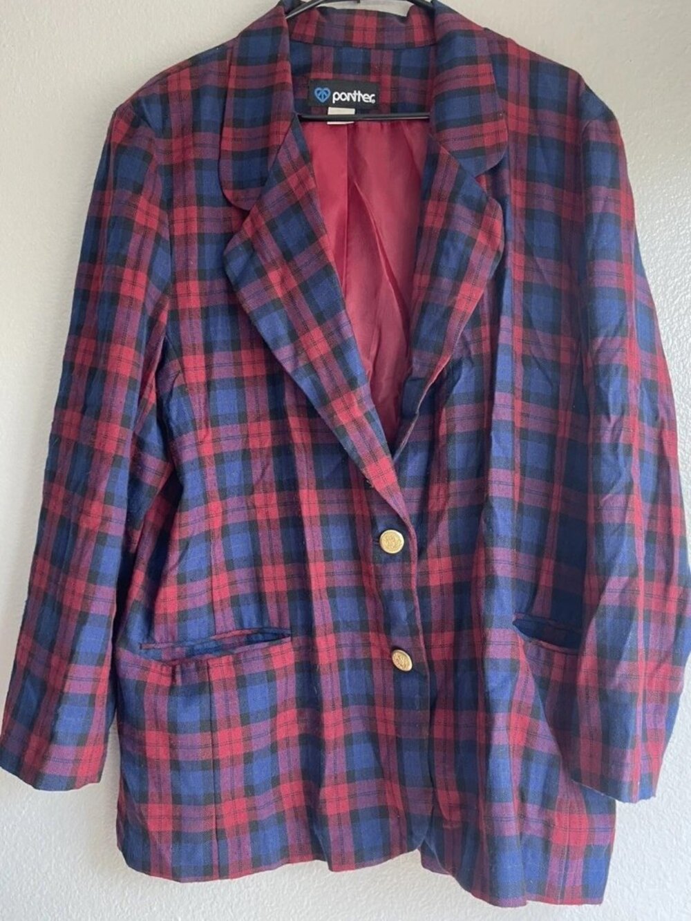vintage panther womens plaid blazer square red blue black Sz 16